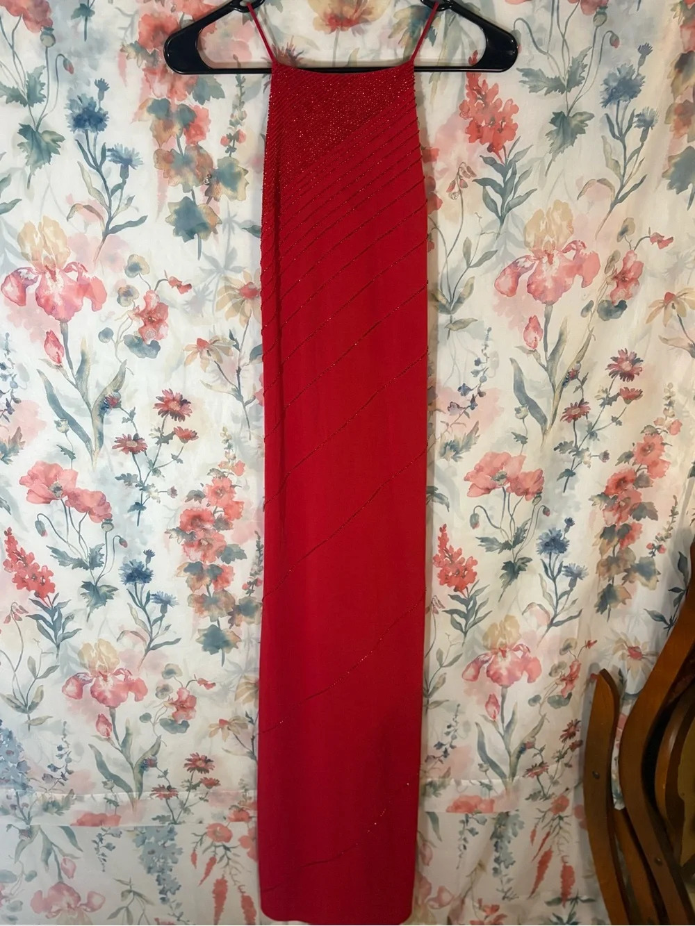 Vintage Elegant Red Beaded Maxi Dress - Women's Formal Gown